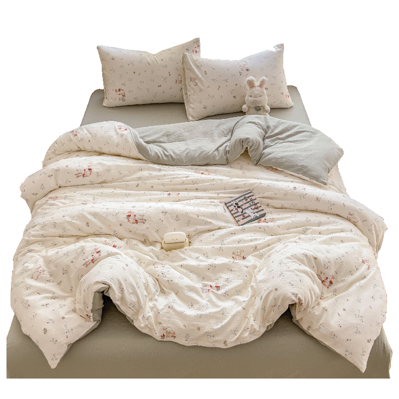Hongdou Bedding Set 4 Pieces for 1.5/1.8m Bed Cloud Feel Double-Layer Wrinkled Gauze Sheet Bed Cover Home Duvet Cover 200x230cm Rabbit Anna