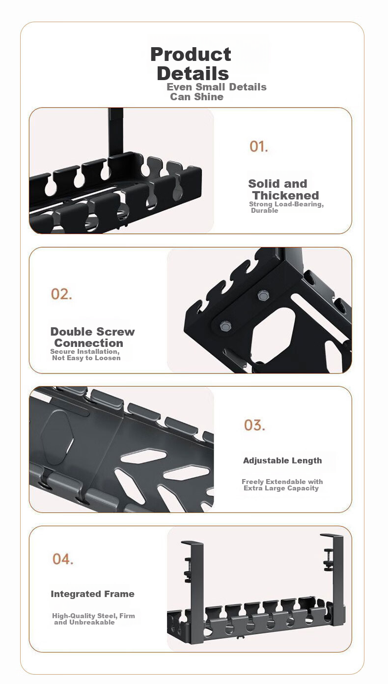 Sushiermo Under-Desk Cable Organizer Wire Management Router Cable Storage No-Drill Socket Tool White Adjustable 43-74cm 9