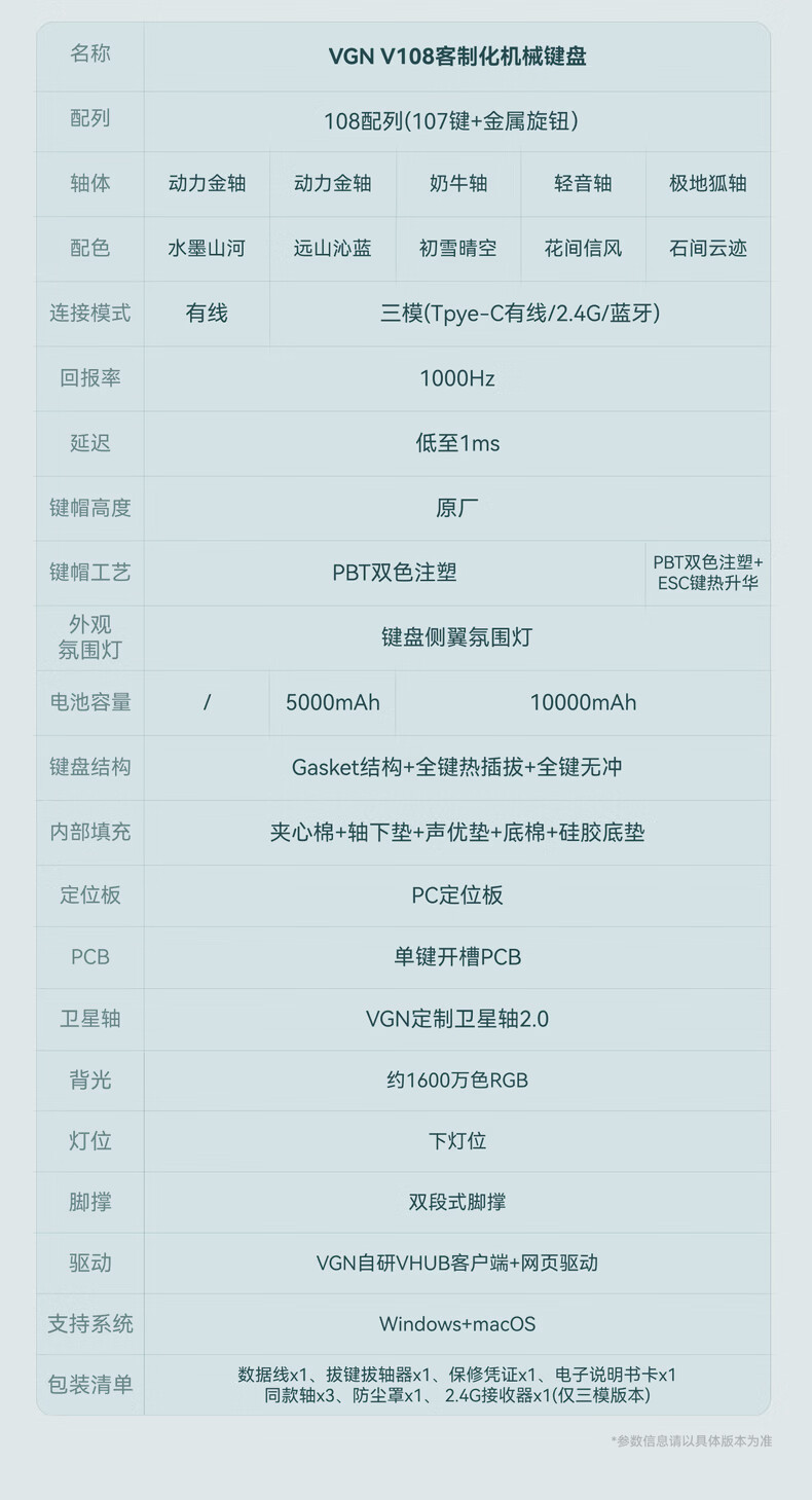 VGN V108 Custom Mechanical Keyboard Wireless Tri-Mode Bluetooth Gaming Office Silent V108 Polar Fox Switch Shijian Cloud Tri-Mode 16