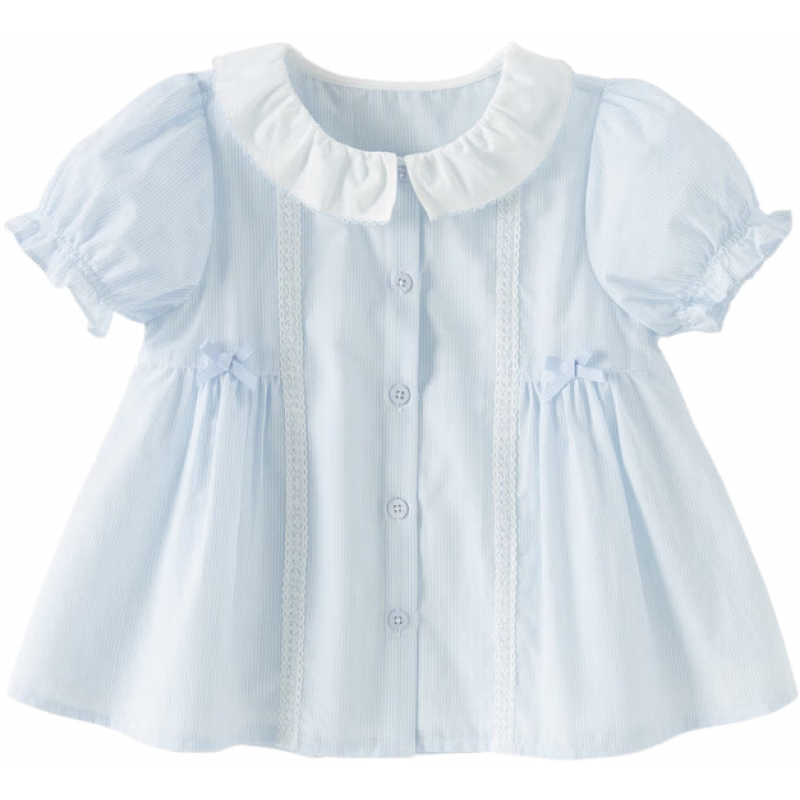 DAVE & BELLA Girls' Short Sleeve Striped Doll Collar Shirt Summer Thin Blue Blouse