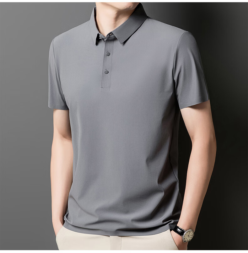 ROMON Ice Silk POLO Shirt, Breathable Lucky Pattern Short-Sleeve T-Shirt, Moisture-Wicking, Sun-Protective, Quick-Drying, Wrinkle-Resistant Top, Light Gray, XL 39