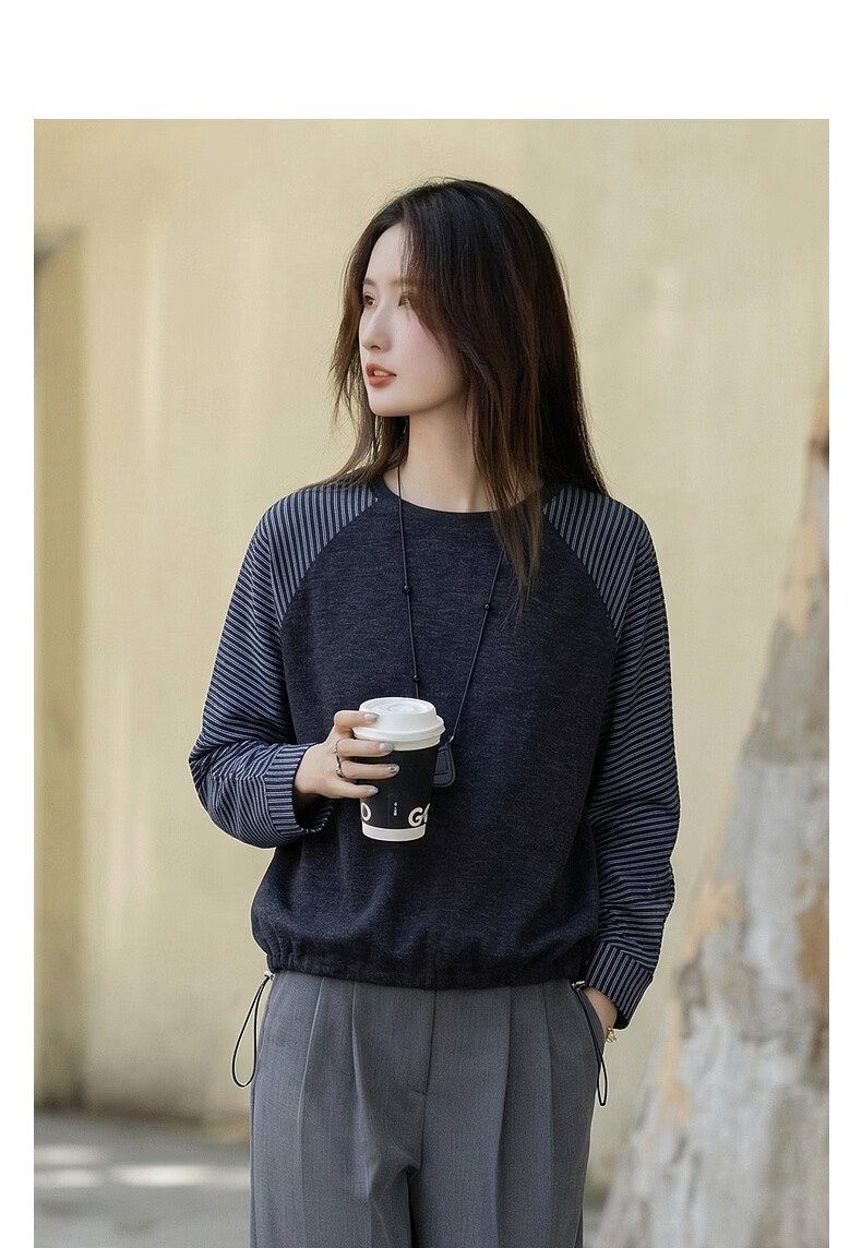Demana [Free Relax] Autumn Simple Style Crew Neck Patchwork Striped Elastic Loose Slim Sweatshirt for Women Premium Feel 2