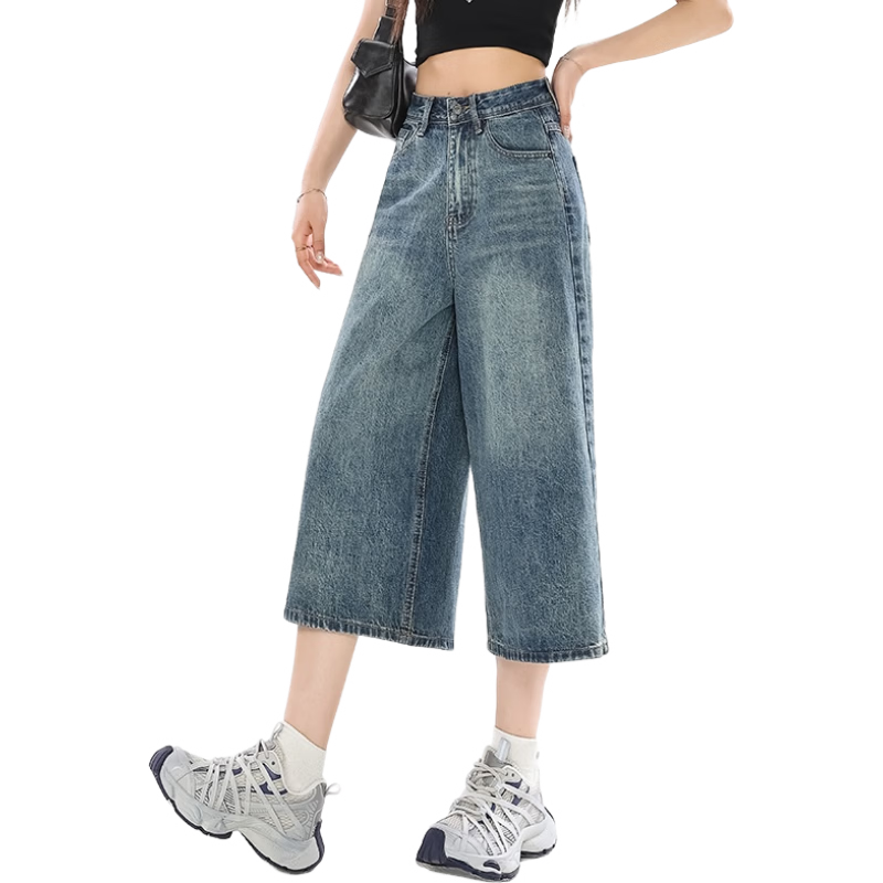 Jeanswest Women's Summer 2026 High-Waist Loose Fit Vintage Blue Cropped Wide-Leg Denim Shorts M
