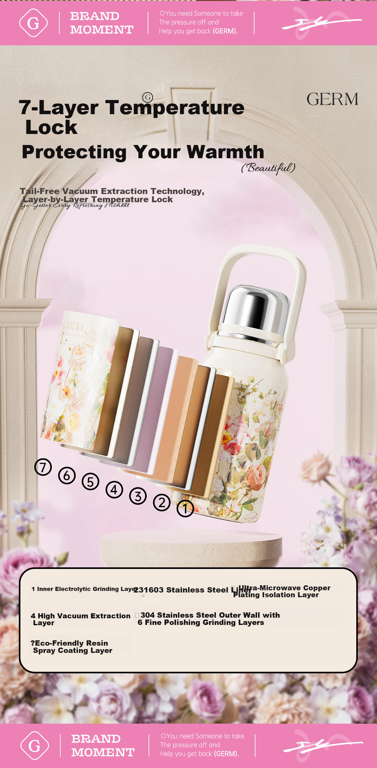 Germ Intangible Cultural Heritage Su Embroidery Insulated Water Bottle Large Capacity Sports Water Bottle Portable Women's Student Cup 800ML Magnolia 7