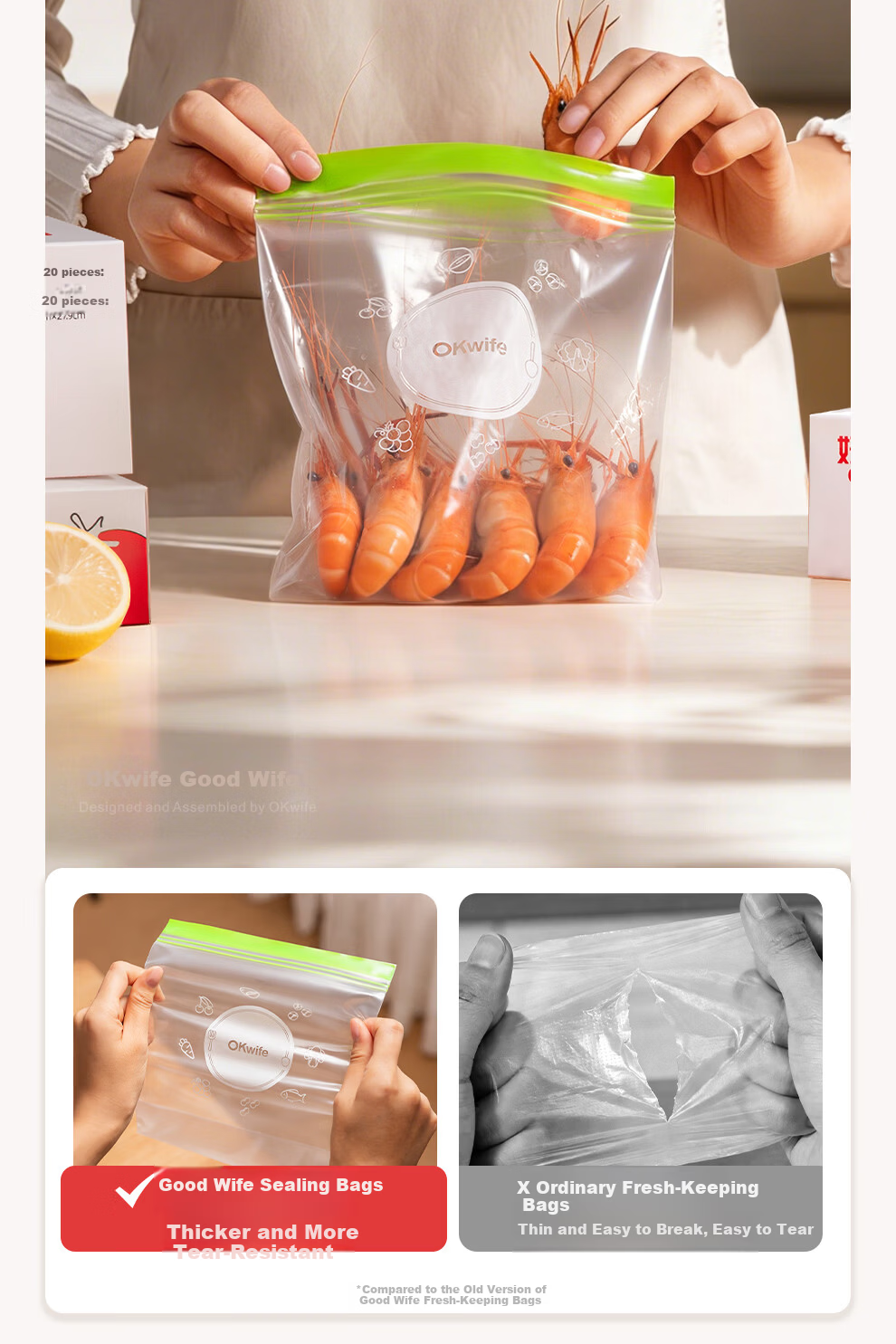 Good Wife Food Sealing Bags 40pcs Mixed Sizes Thickened Double-Strap Seal Household Refrigerator Fresh-Keeping Bags 11