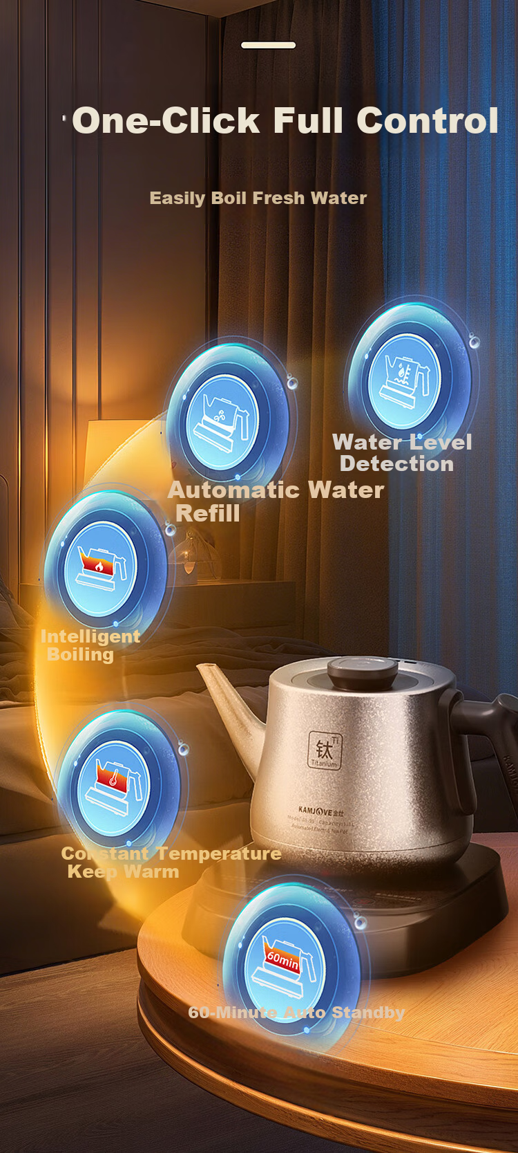KAMJOVE Pure Titanium Electric Kettle Fully Automatic Bottom Water Supply Electric Kettle New Model Temperature Control Integrated Automatic Electric Kettle AI-95 for Boiling Water and Brewing Tea 18