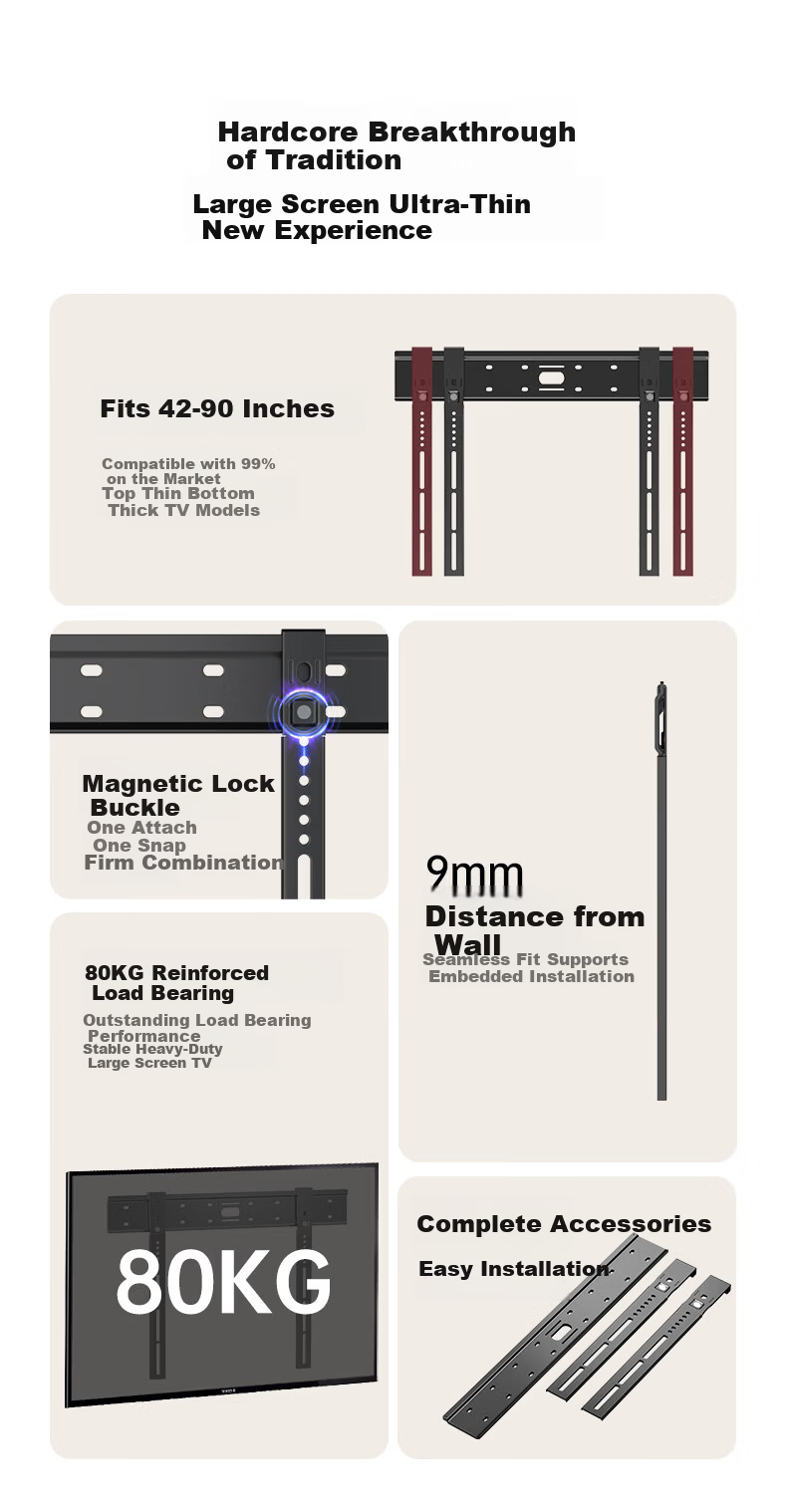 Beishi 26-65 Inch Ultra-Thin TV Wall Mount Fixed Bracket Universal TV Stand 9MM Wall Distance 1