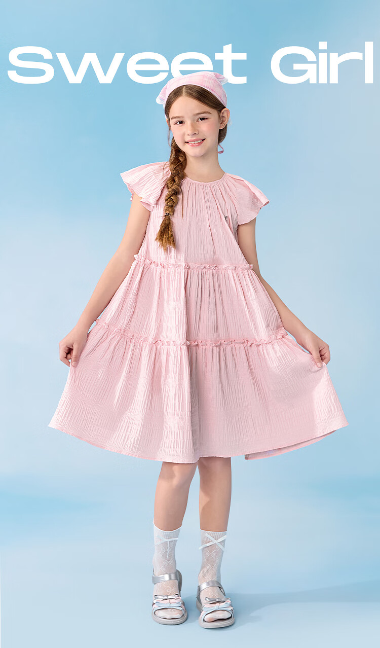 Balabala Girls Dress Children's Dress 2026 New Summer Big Kids Princess Dress Sweet Small Flutter Sleeve Ruffle 2