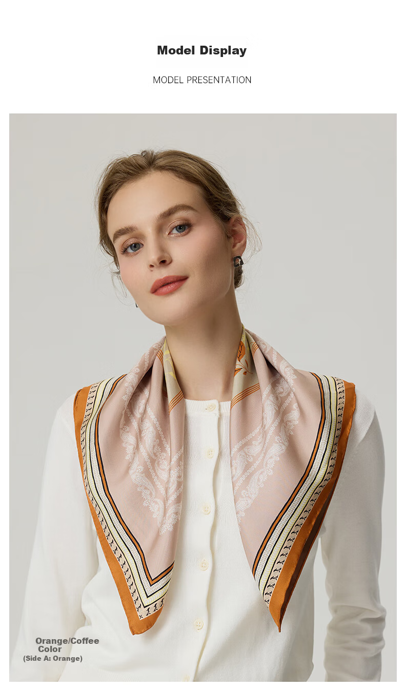 MARJA KURKI Birthday Gift Double-Sided Color-Block Mulberry Silk Scarf, Mother's Pure Silk Scarf, Ladies' Silk Clasp Set with Lace Trim, Wood Orange Brow 6