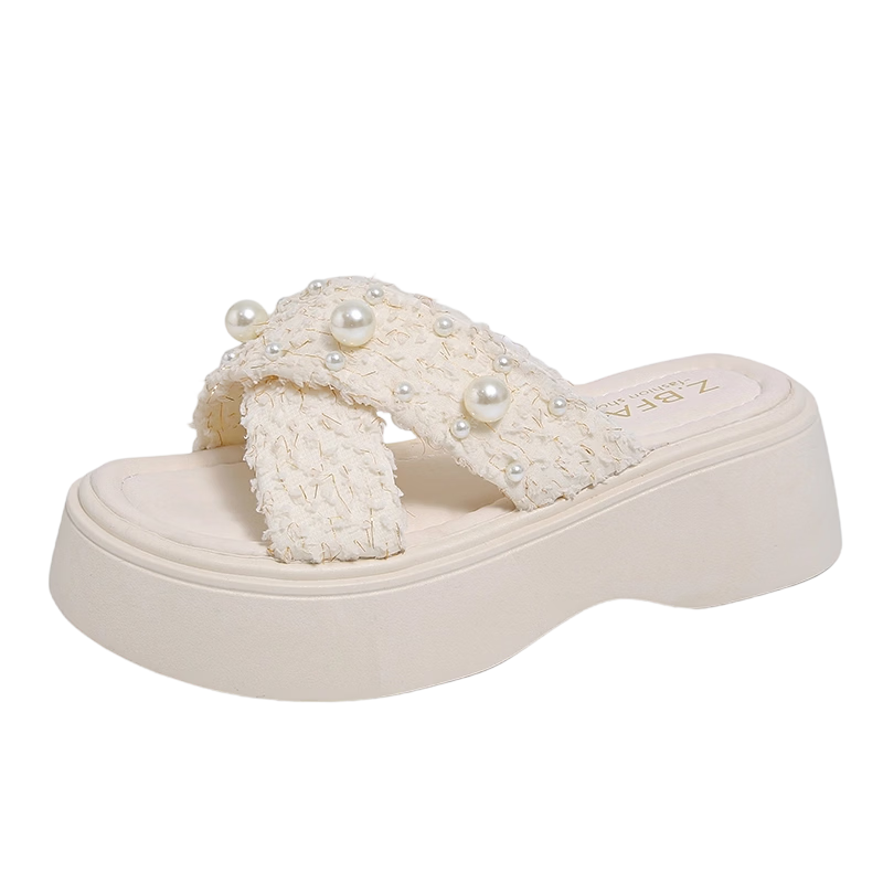 Cartelo Crocodile Women's Sandals Summer New Leather Thick Sole Casual Slip-On Sandals 1767 Beige Size 37