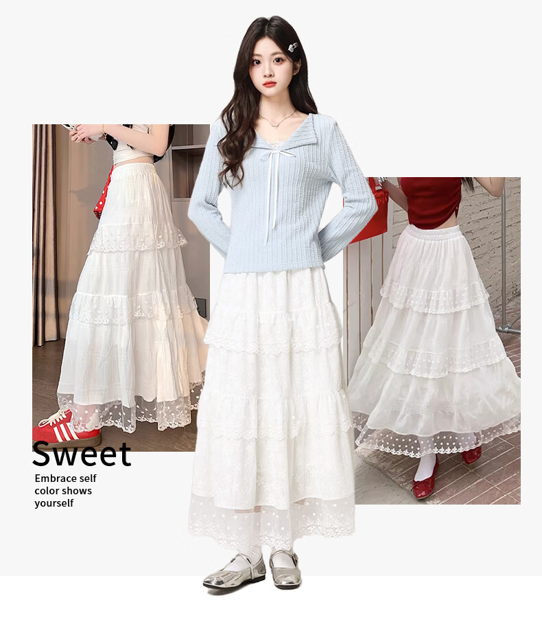 Langsha White Lace Cake Layered High-Waist A-Line Midi Skirt for Women Spring Summer Slim Fit Flowing Fairy Skirt 4