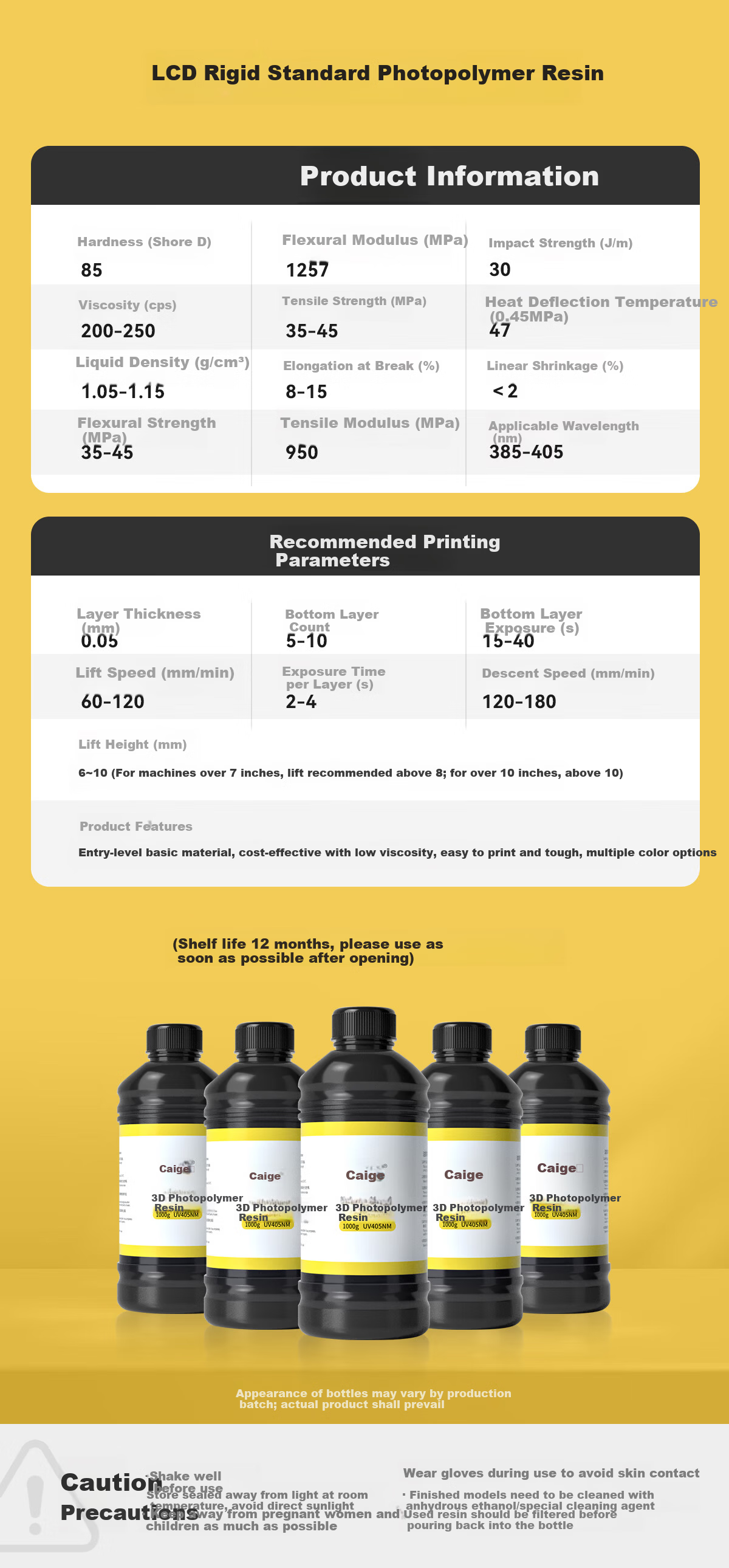 Caige Rigid Photocurable Resin 3D Printing Resin Material 405nm Wavelength LCD Compatible with Creality/Anycubic/Phrozen/Hege Printers 12