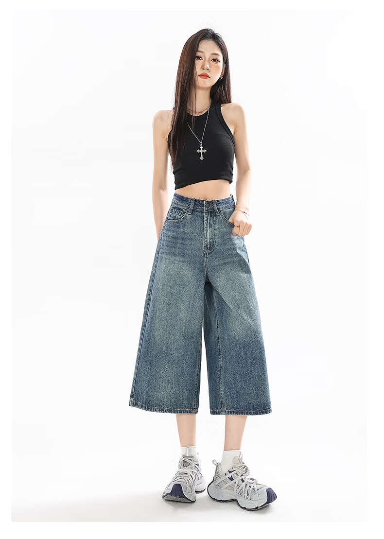 Jeanswest Women's Summer 2026 High-Waist Loose Fit Retro Blue Wide-Leg Cropped Denim Shorts S 10