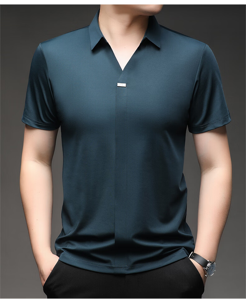Pierre Cardin Men's Short Sleeve T-Shirt Ice Silk Seamless Slim Fit High-End Business Polo Shirt Blue M Summer 2026 New 17