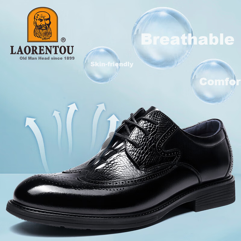 LAORENTOU Men's Business Dress Shoes First Layer Cowhide Non-Slip Brogue High-End Shoes 510409 Black Size 38