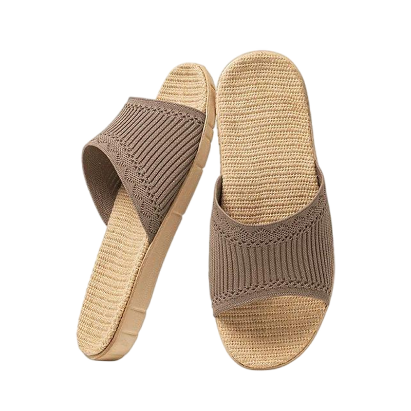 Mandobel Four Seasons Cotton Linen Slippers Lightweight Comfortable Home Fashion Slippers Striped Mocha Coffee Size 42-43