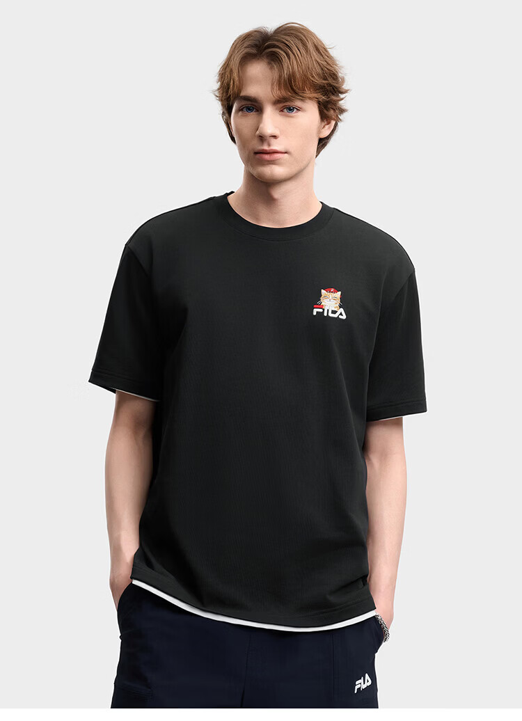 FILA Official 2026 Summer Couple Short Sleeve T-Shirt Casual Loose Fit Cotton Cat Knit Tee 58