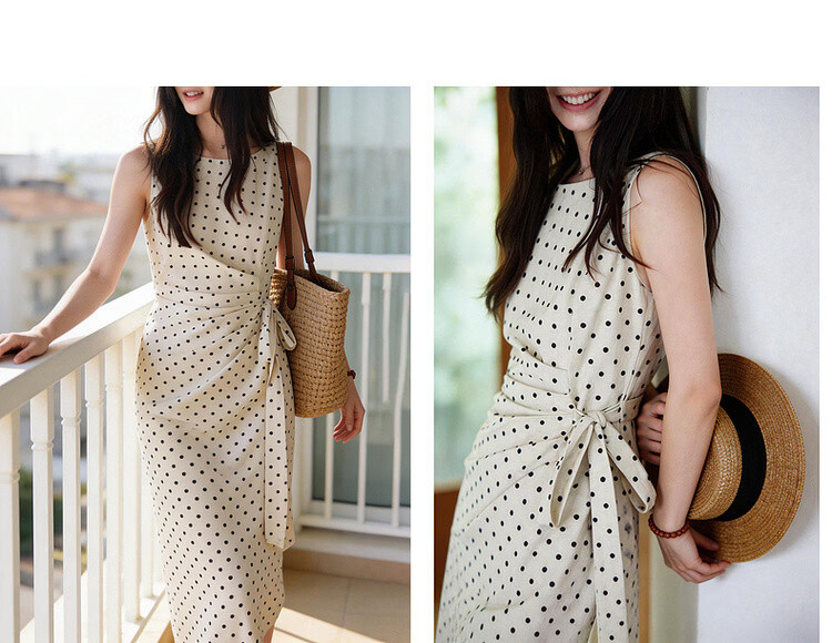Demana [South of France Holiday] Summer French Elegant Polka Dot Round Neck Sleeveless Side Slit Waist Cinched Dress for Women Premium Quality 11