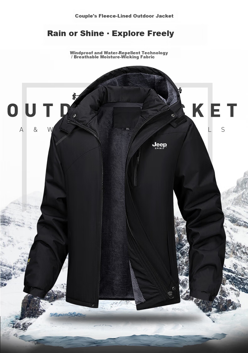 JEEP SPIRIT Men's Fleece-Lined Windproof Warm Outdoor Thick Jacket Black 3XL 1