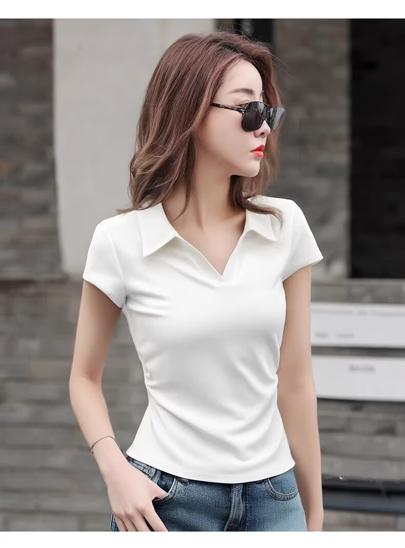 Woodpecker Pure Cotton Polo Collar Short Sleeve T-Shirt Women Summer Shoulder Pleated Waist Slim Fit Cropped Top Black XL 14