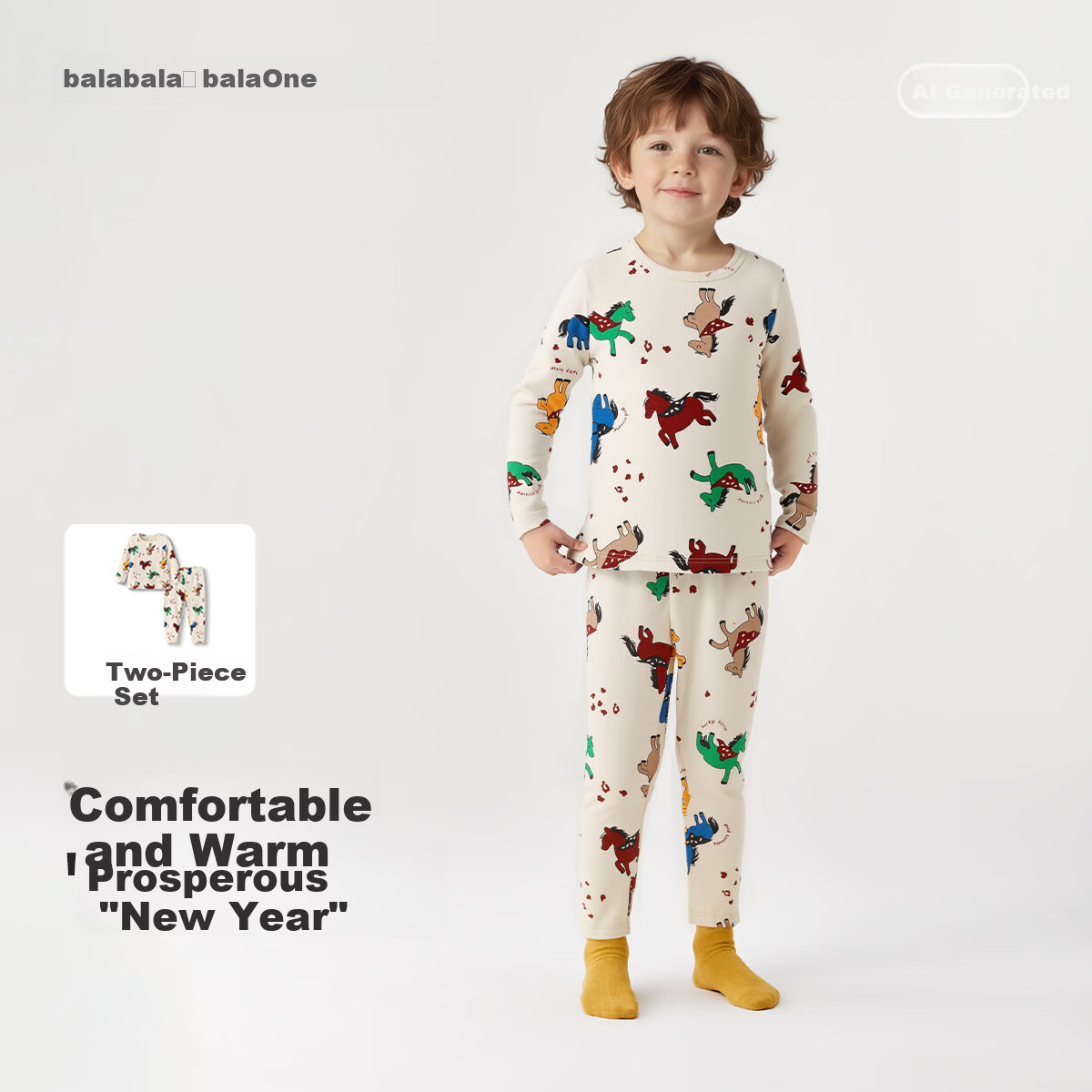 Balabala Kids Boys Girls Set Children's Underwear New 2026 Spring Plush Red Pony New Year Thermal Top and Bottom