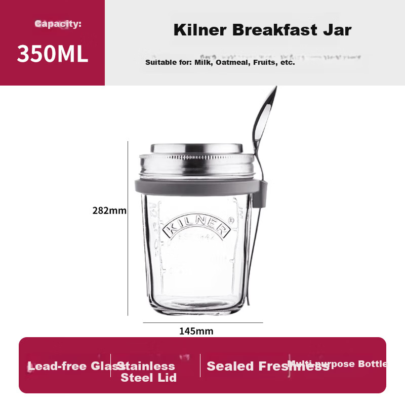 Kilner Overnight Oats Jar Glass Breakfast Cup Milk Cup Sealed Portable Food Grade with Measuring Lid and Spoon 350ml
