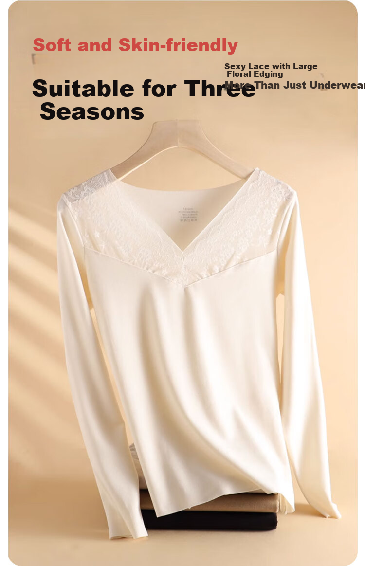 MiiOW Acrylic Thermal Women's Warm Underwear Lace Top Autumn Winter Slim Fit Base Shirt Black 2