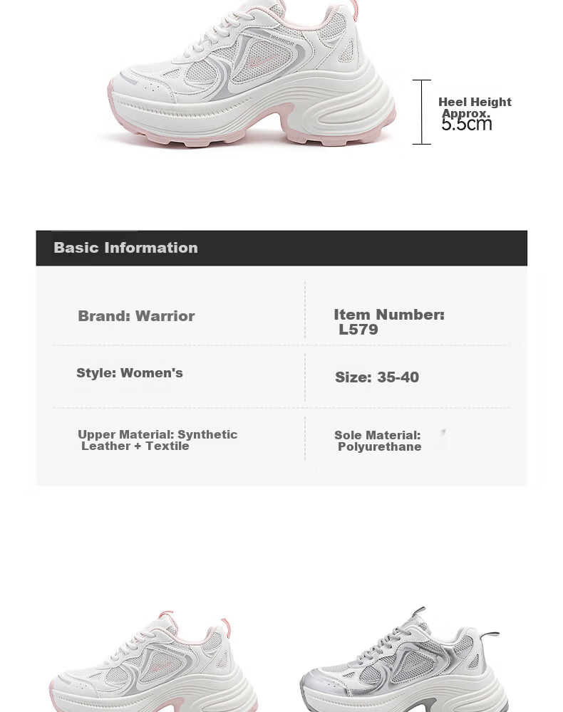 Warrior Official Women's Sneakers 2026 Spring New Chunky Platform Shoes White Gray Pink Size 36 6