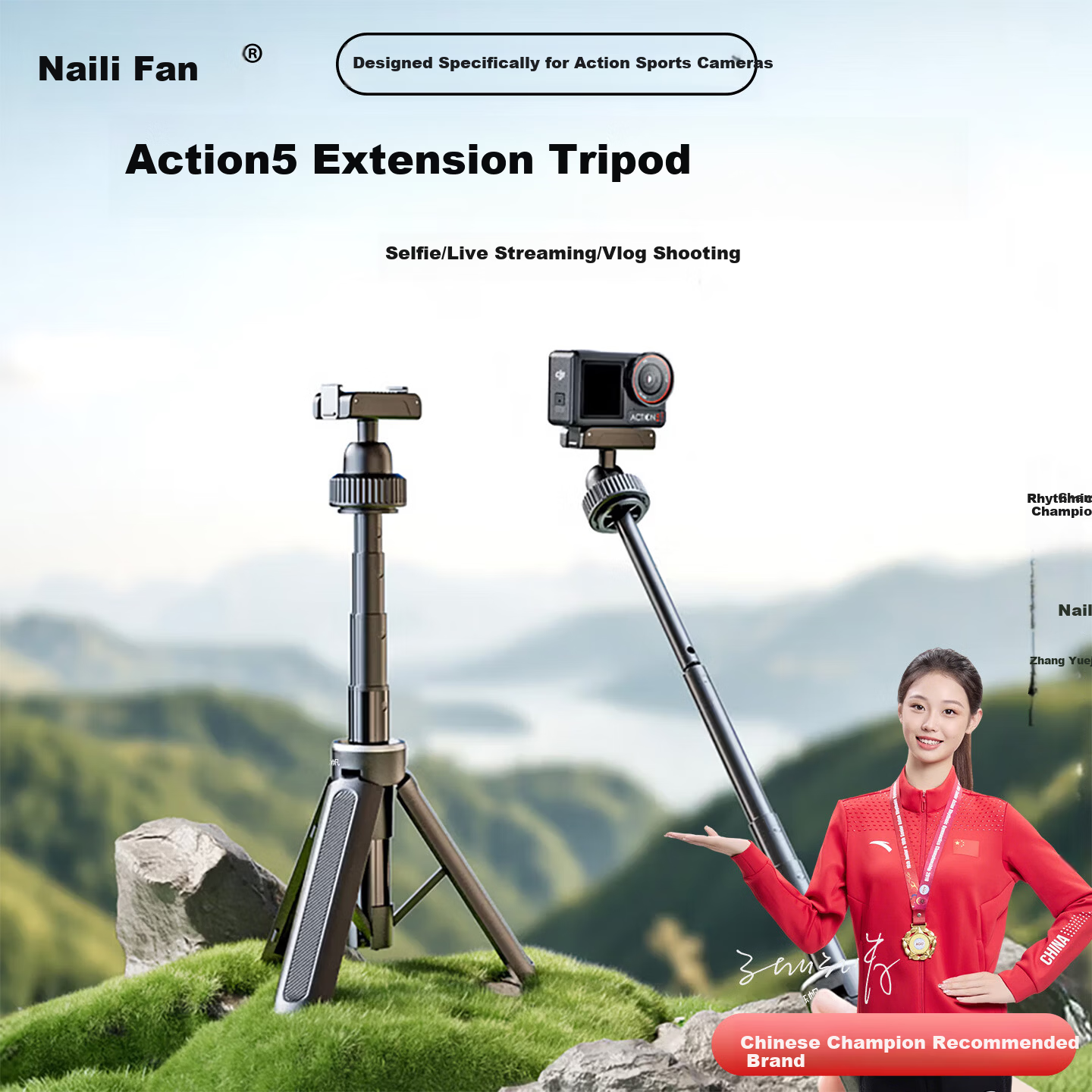 Shili Fan Magnetic Quick-Release Mount Handheld Selfie Stick for DJI Action 5 Pro Black Upgraded Version
