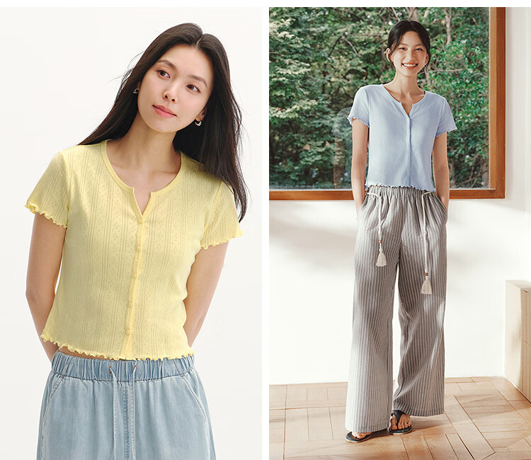 Semir Women's Summer Short Sleeve T-Shirt Short Hollow Textured Slim Fit Cotton Ruffled Edge 2026 Cardigan 109326100008 13