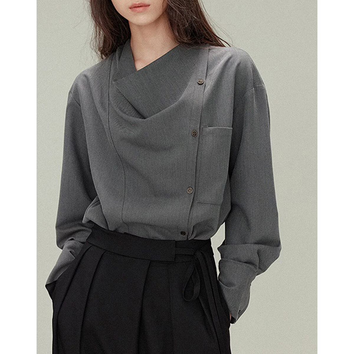 Demana French Art Spring Lazy Style Asymmetric Lapel Large Pocket Loose Slim Draped Shirt for Women Premium Feel
