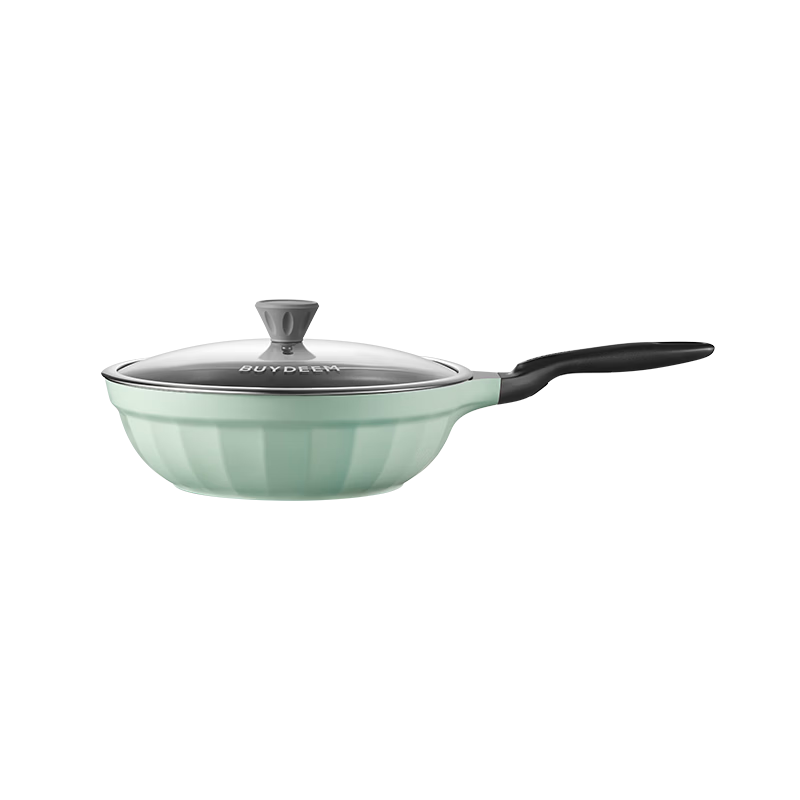 Buydeem 30cm Non-Stick Wok, Frying Pan, Flat Bottom Pan, Stir-Fry Pan, Light Smoke Oil-Gathering Shallow Green Pan, Compatible with Induction And Gas Stoves