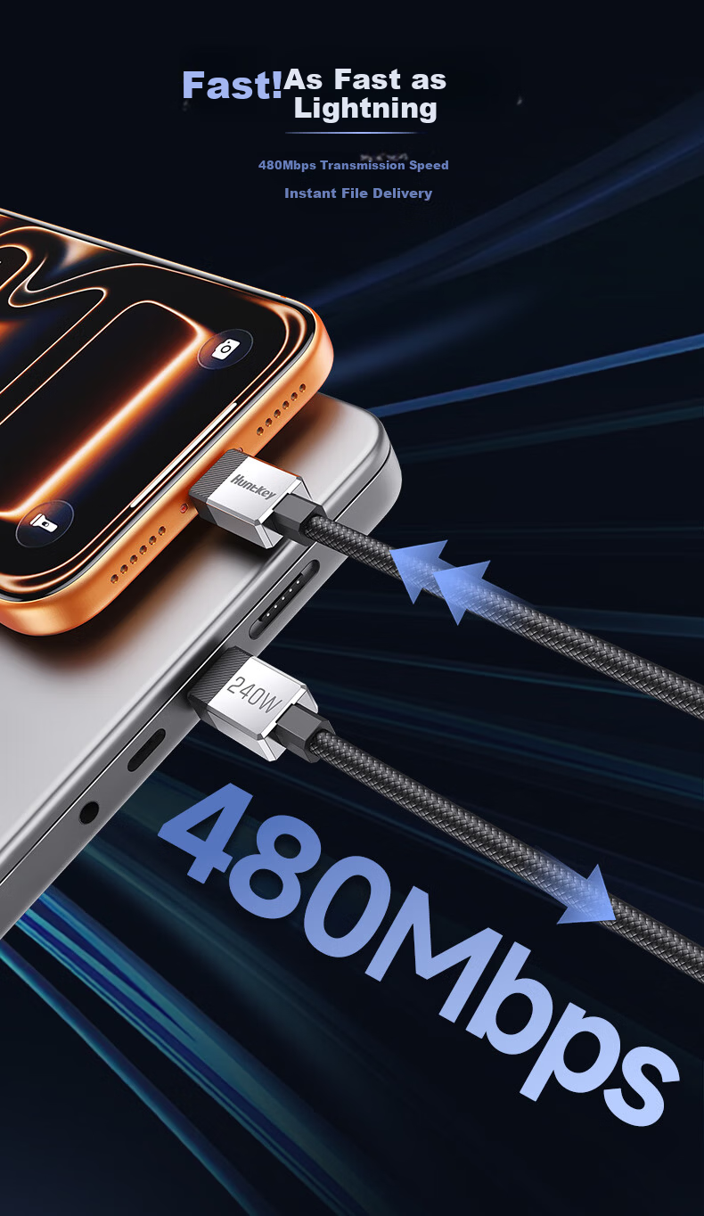 Huntkey 240W Braided Type-C 5A High Power CTOC Super Fast Charging Cable for Apple 17/Xiaomi Huawei Smartphones and Laptops 1.5m 2