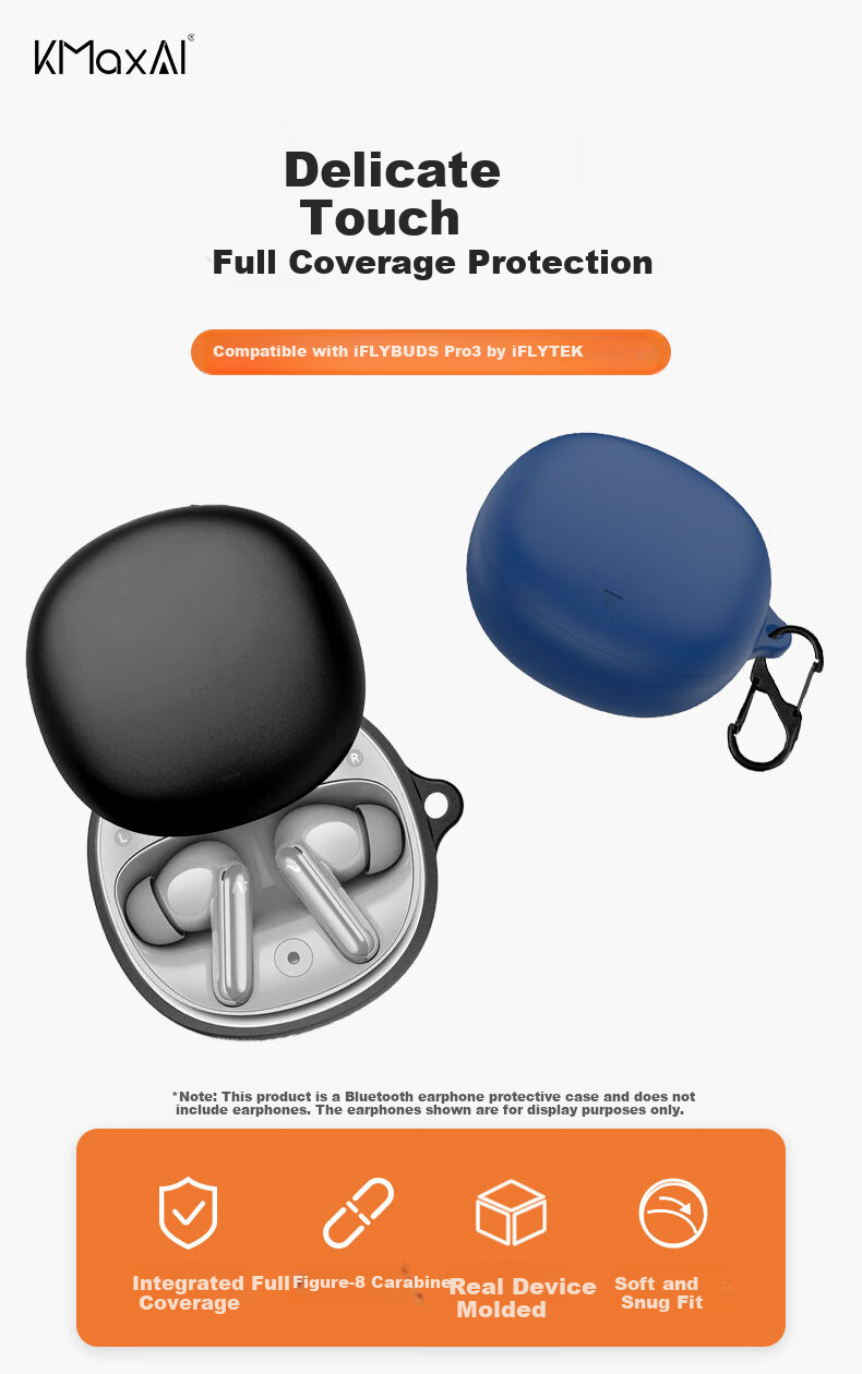KMaxAI Silicone Protective Case for iFLYBUDS Pro 3 by iFLYTEK with Hook, Solid Color Matte Finish, Wireless Charging Earbud Strap, Minimalist Black 1
