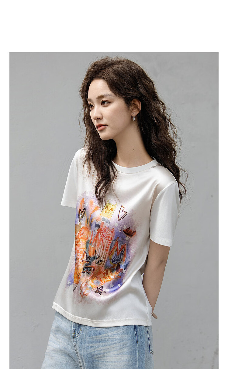 Demana [Cooling Black Technology] Summer Sorona Spliced Mulberry Silk Round Neck Printed Slimming Concealing T-Shirt for Women Premium 7