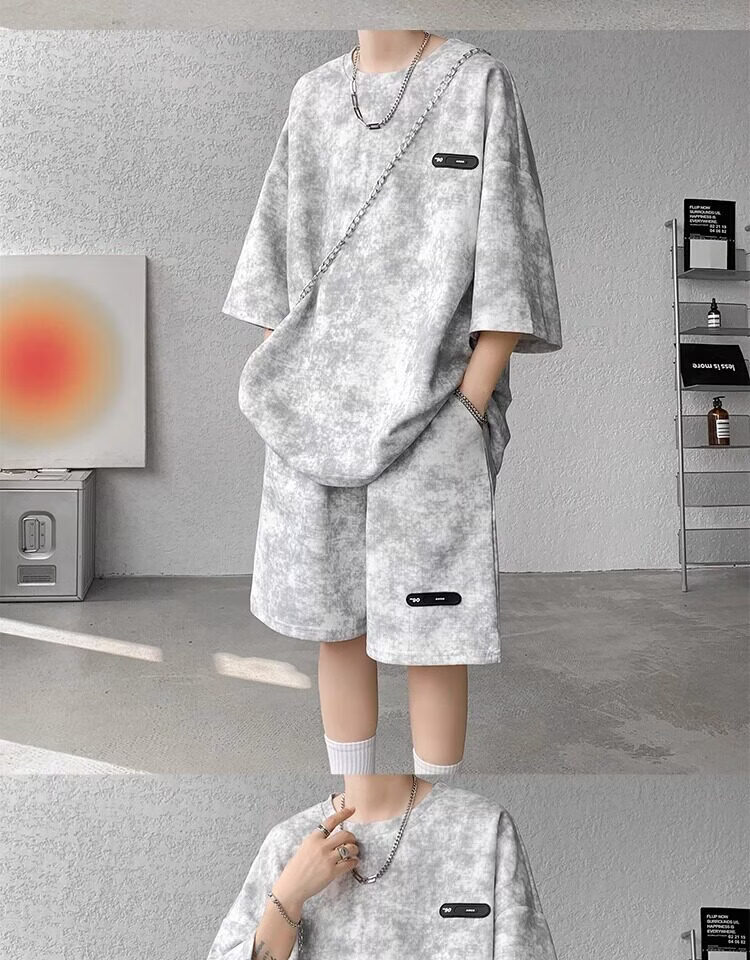 Wassup Sohot American High Street Short Sleeve T-Shirt Set Men Summer Tie-Dye Short Sleeve Shorts Sports Two-Piece Set Gray 5XL 4