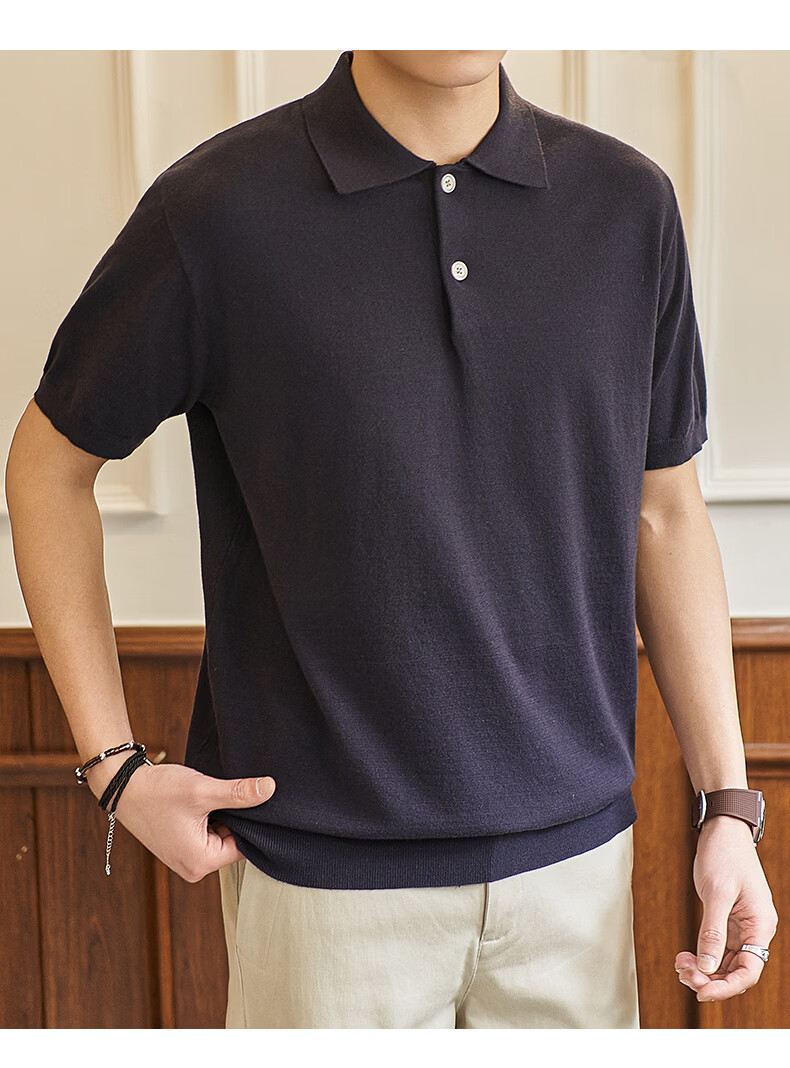 Dingfengbaoluo Vintage Old Coin Style Short Sleeve Men's Summer Luxury Business Polo Knit Casual Shirt KK65 Black 2XL 16
