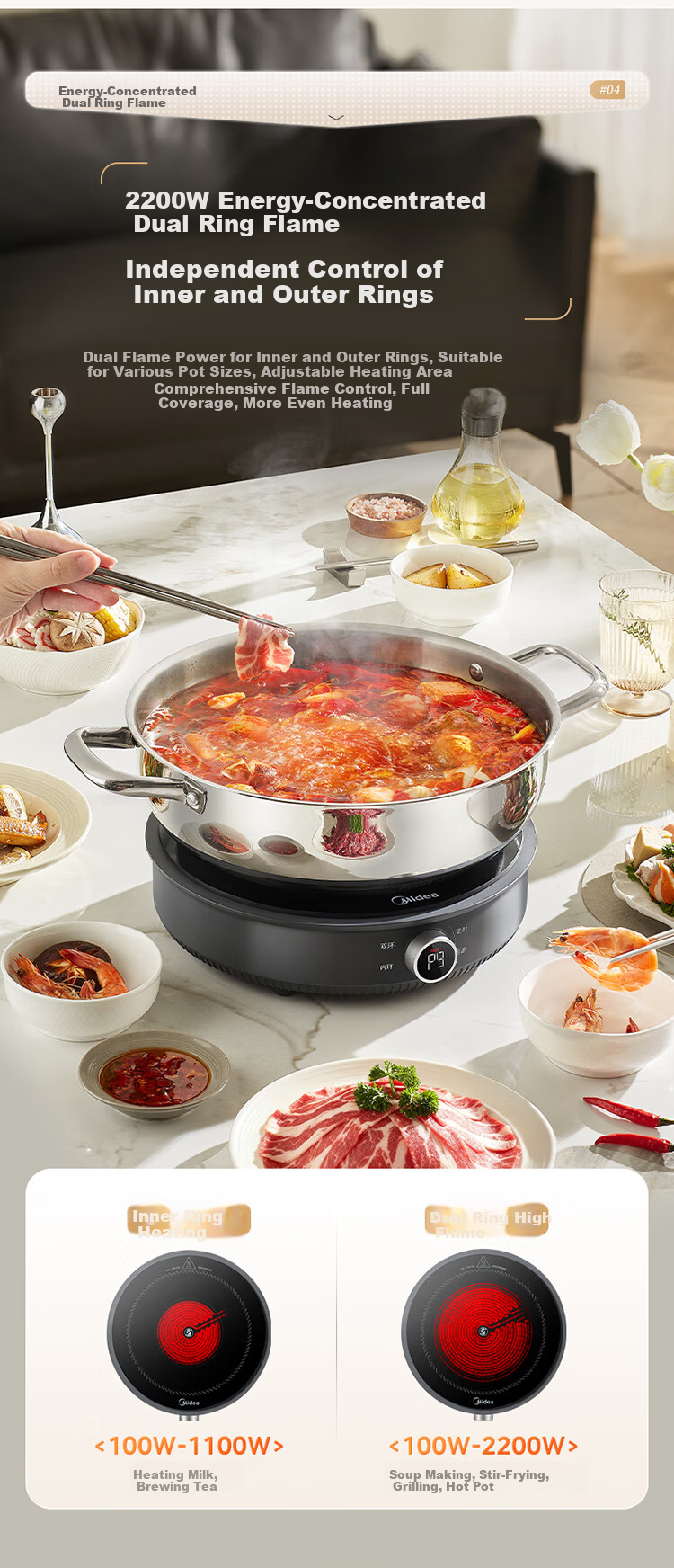 Midea Electric Ceramic Stove Tea Cooker Induction Cooker Household New Induction Cooker Hot Pot Smart Double Ring High Power Battery Stove Stir-fry Stove Tea Brewing Stove Hot Pot Stove MC-HW22E03 7