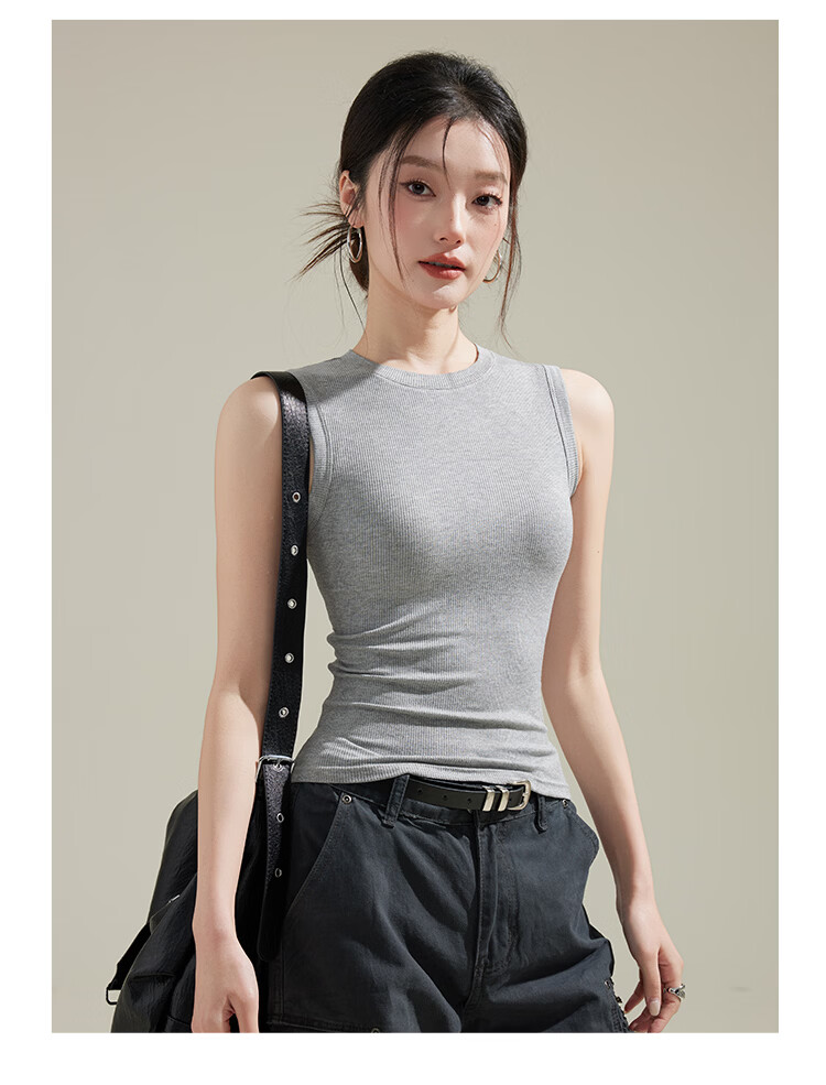 Langsha Women's New Slim Fit Ribbed High Neck Sleeveless Top Korean Style Fashionable Gray 16