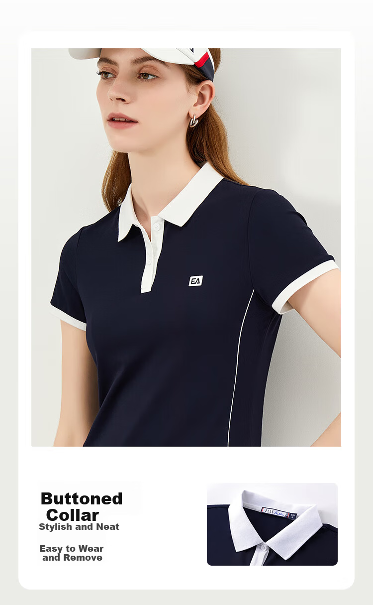 ELLE ACTIVE Fashion Slimming Color-Block Polo Shirt for Women Summer Short Sleeve Slim Fit Sports Casual Top Blue M 2