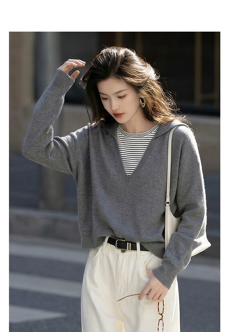 Demana Spring Faux Two-Piece Colorblock Striped Hooded Knit Sweater with Fluffy Wool for Women 3