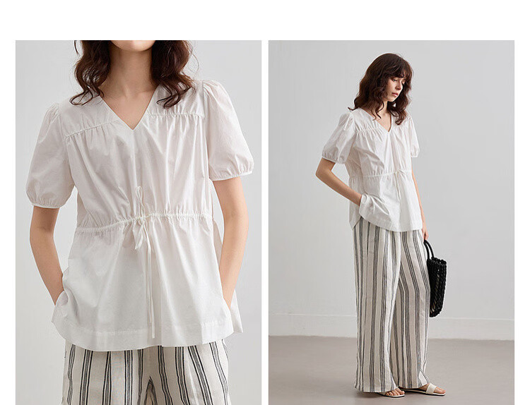 Demana Pure Cotton Light Life Summer Minimalist V-Neck Drawstring Shirt Loose Comfortable Short Sleeve Blouse Women's Top 5