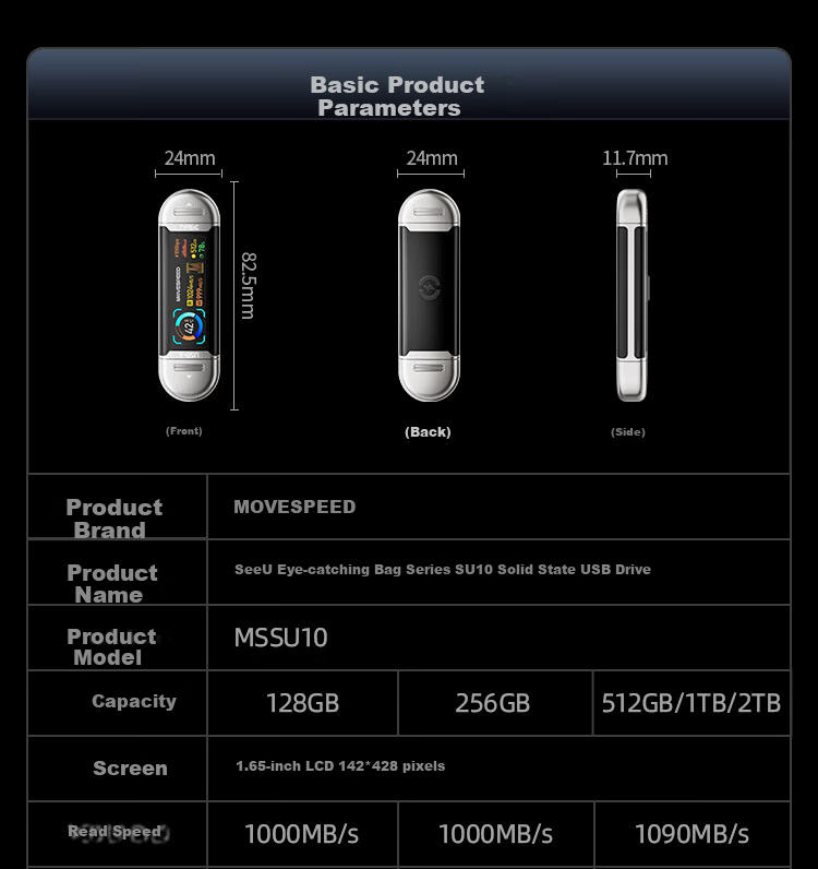 MOVE SPEED 1TB Solid State USB Flash Drive Type-C/USB3.2 Dual Interface Mobile Phone USB Drive Large Capacity Gigabit Read/Write Speed Computer USB Drive with Screen Display Real-Time Capacity SU10 Ey 20