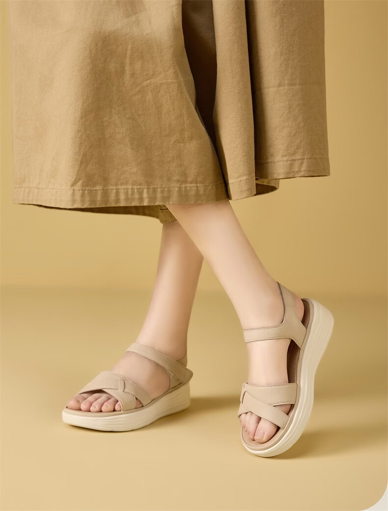 Eierkang Women's Sandals Thick Sole Height Increasing Large Size Casual Sandals Magic Tape Soft Sole Mom Sandals 18065W Apricot Color Size 38 1