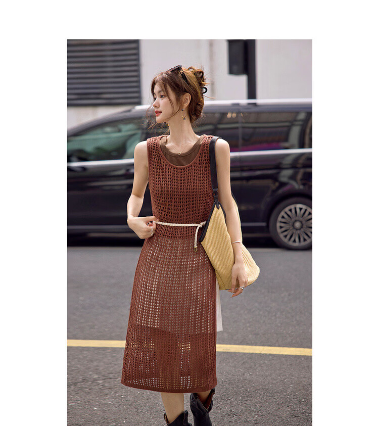 MT Breathable Knit Spring French Vacation Style Hollow Out Sleeveless Side-Slit Mid-Length Women's Dress 15