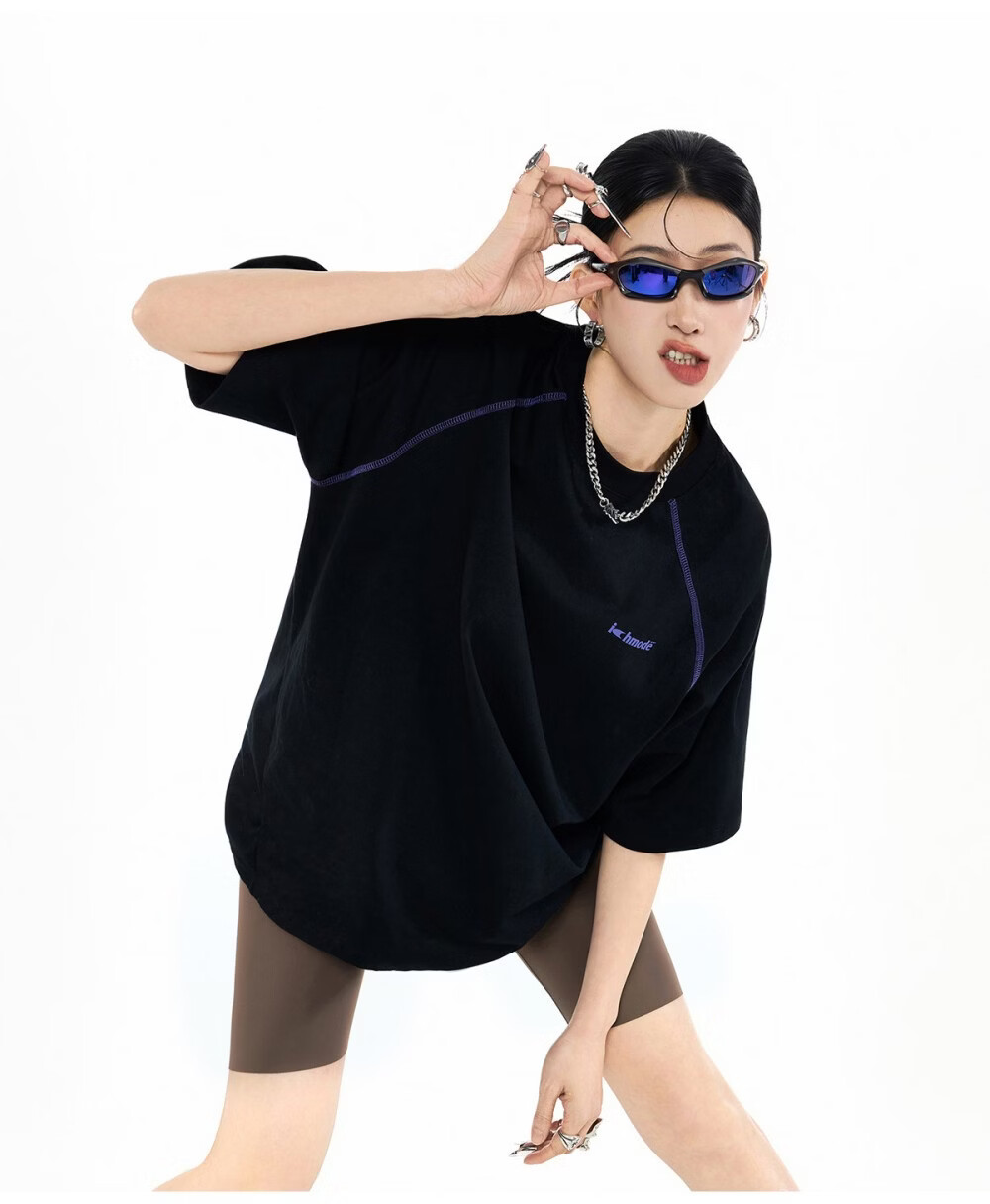 ICH MODE Hasselblad Line Round Neck Short Sleeve T-Shirt Women Summer New Outdoor Sports Half Sleeve Five-Point Sleeve Top Black M 14