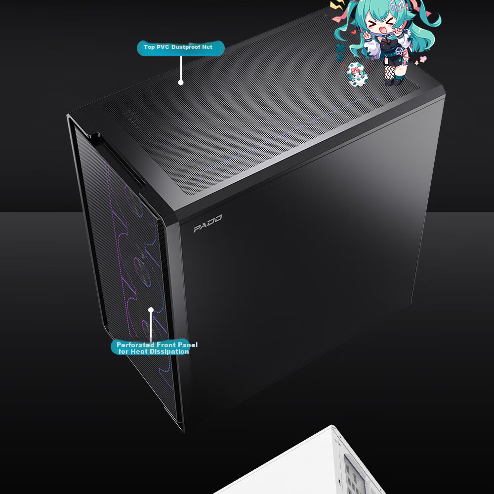 PADO Fengdu 5 Black Desktop Computer Case Supports M-ATX Motherboard with Type-C Front Panel Iron Mesh Sliding Glass Design 8 Fan Slots 11