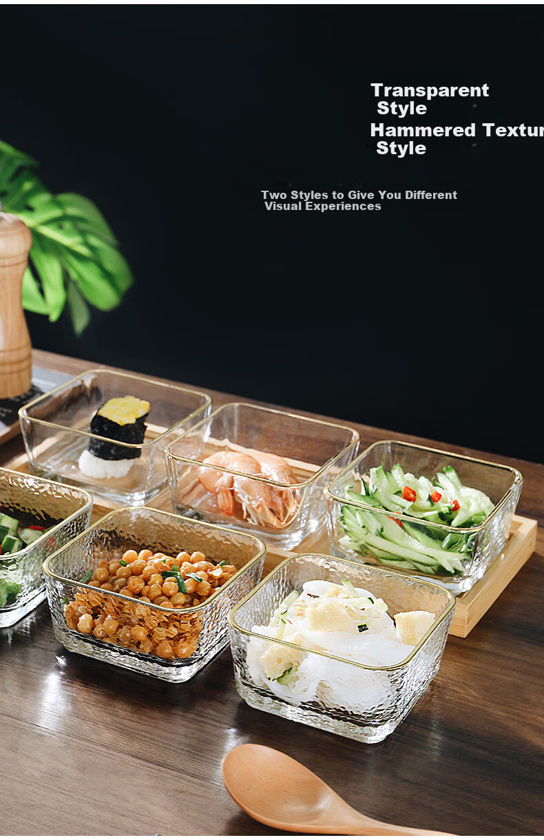 CRISTALGLASS Sectioned Dipping Sauce Dish Snack Platter Home Use Dish Hot Pot Sauce Dish Seasoning Dish Oil and Vinegar Dish with Tray Gold Rim Glass Bowls 6pcs + Six-Compartment Bamboo Tray 7