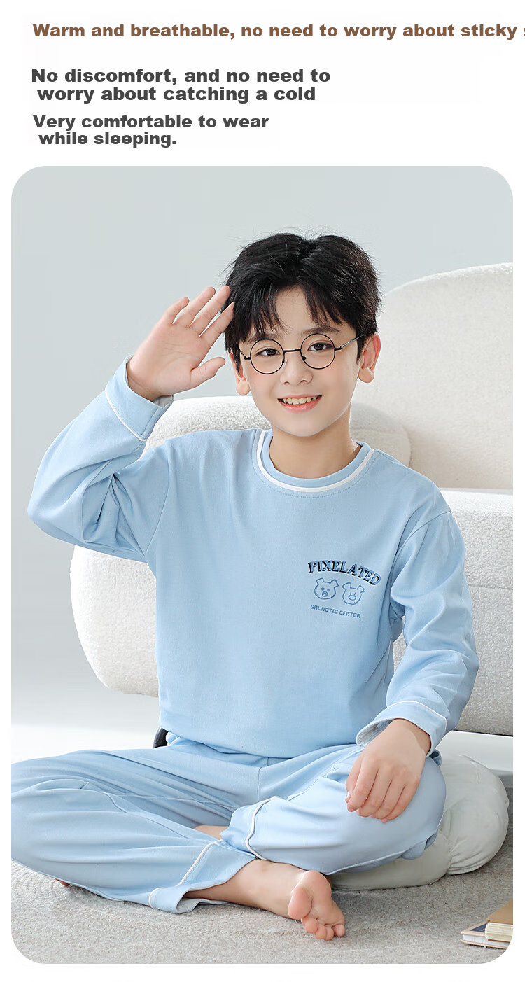 MiiOW Kids Boys 40S Cotton 5A Antibacterial Homewear Set Spring Autumn Long Sleeve 24 New Green 130cm 3