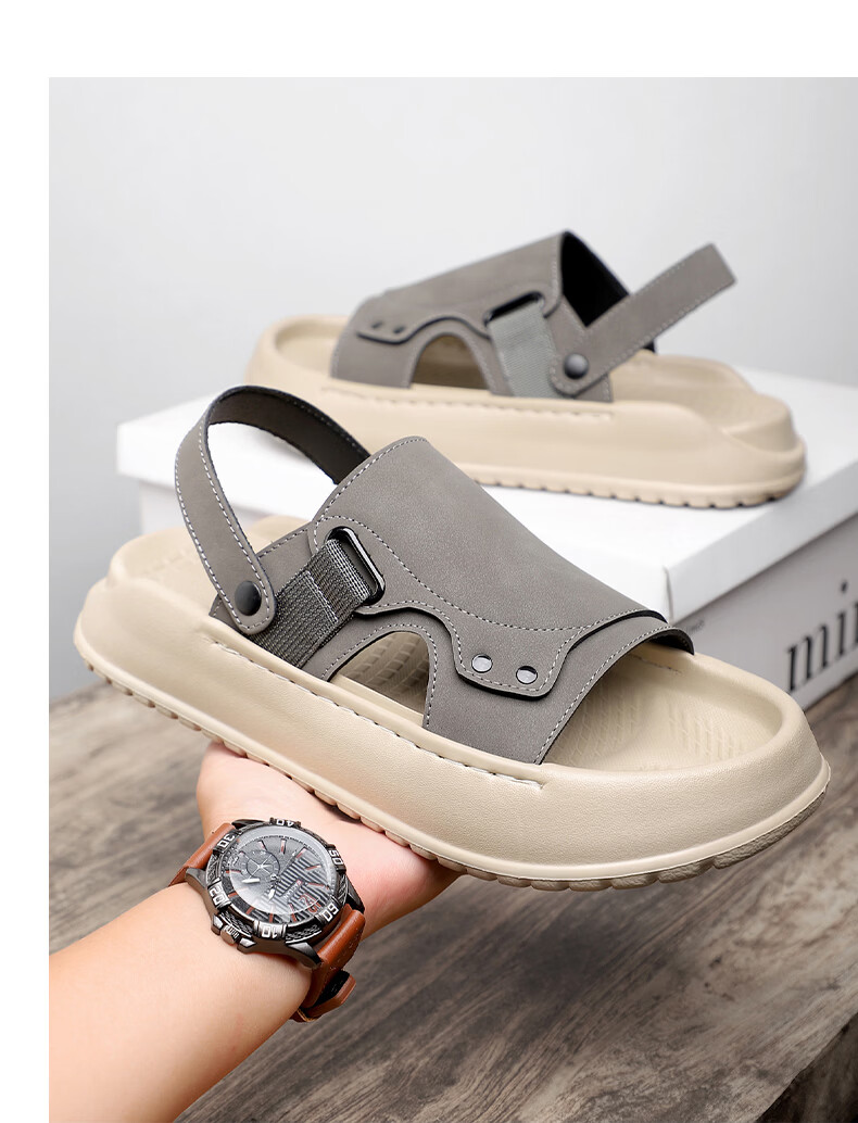 MEXICAN Spring Summer New Men's Leather Sandals Beach Shoes Dual-Wear Breathable Green 40 18